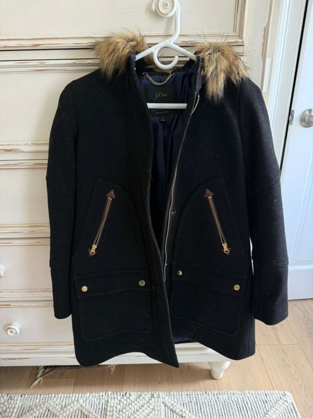 J. Crew Black Wool Pea Coat with Faux-Fur Trim Hood
